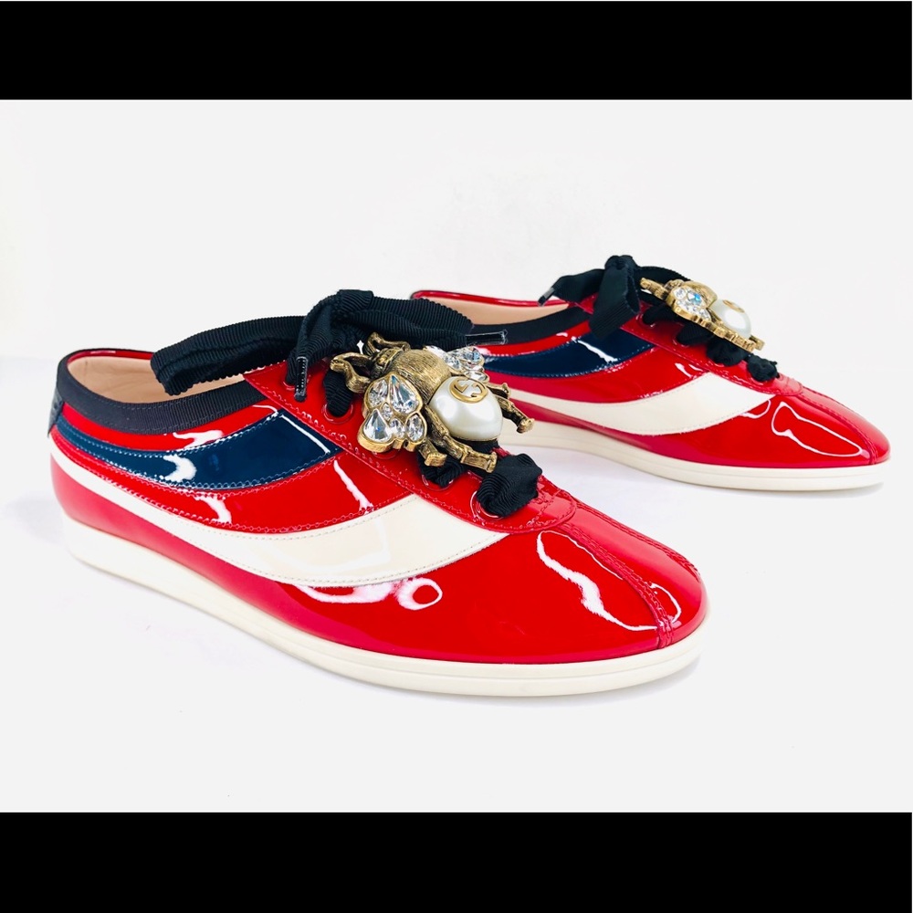 GUCCI Falacer Ace Patent Bee Pearl Crystal Sneaker